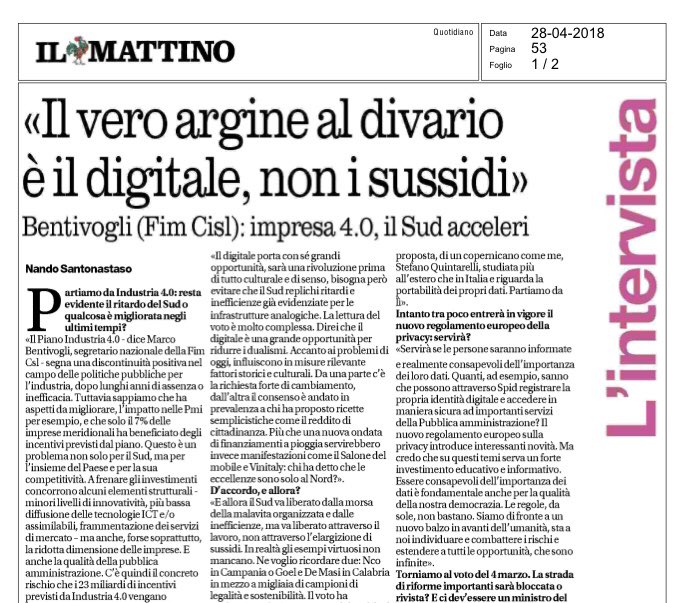 FIMCislStampa's tweet image. #28aprile sul @mattinodinapoli da leggere su Sud, sussidi, lavoro e digitale l’intervista a #Bentivogli : “vero argine al divario è il digitale, non i sussidi” #Impresa40