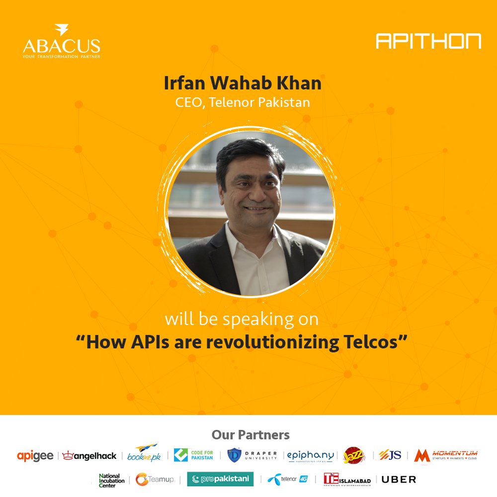 AbacusGlobal's tweet photo. Say hello to one of our speakers at APIthon! Irfan Wahab Khan, CEO Telenor, will share his views on the role of APIs in revolutionizing telcos across the world. We're excited, are you?
#AbacusGlobal #APIthon #CollaborateToInnovate https://t.co/K9M8QnowGJ