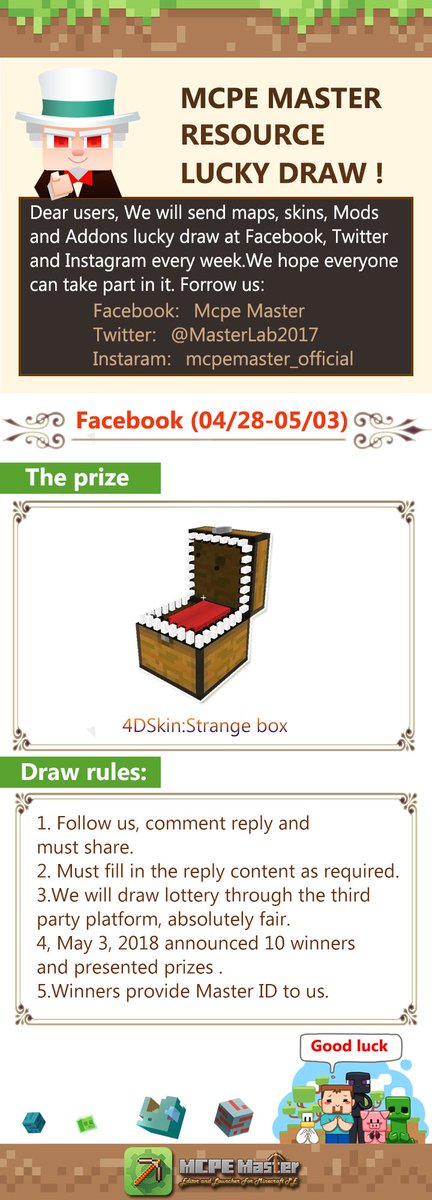 MasterLab2017's tweet photo. The first lucky draw on Facebook! Please fowllow our Facebook, You will likely get this 4D skin. Good luck! #Minecraft #game #MCPE https://t.co/m6cfdJ3arY https://t.co/QH73JrX8B6