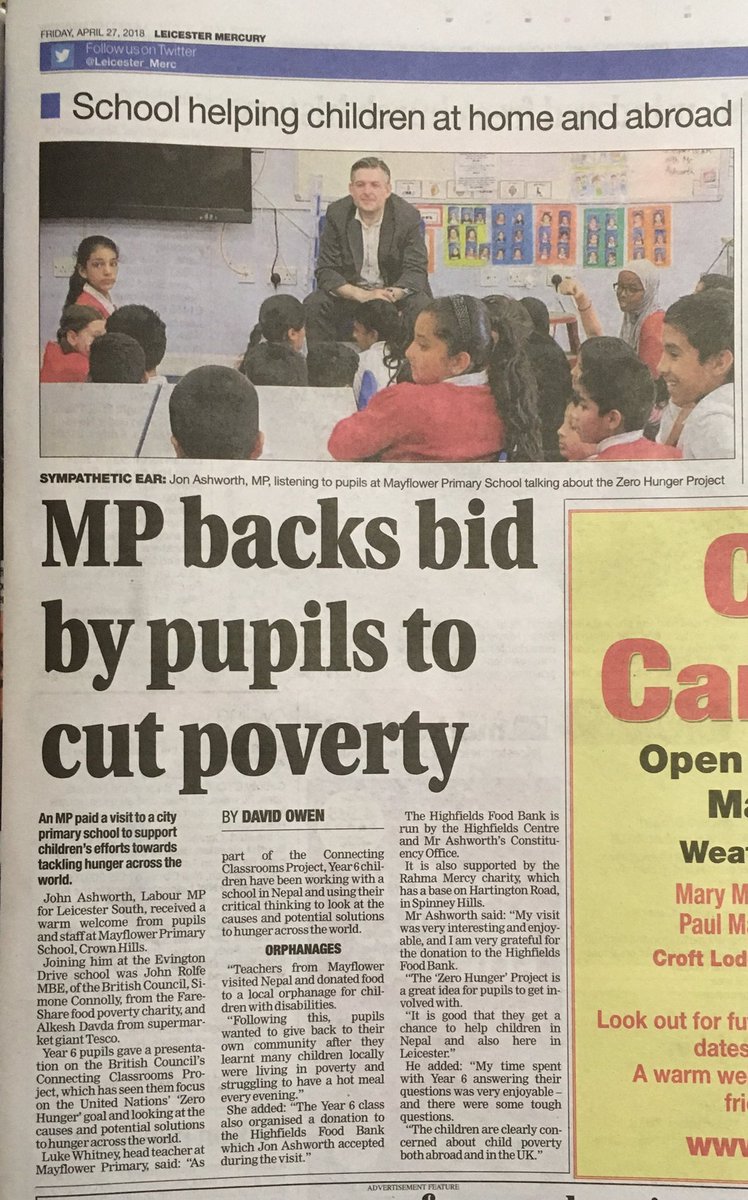 Mayflower is in The Mercury!
Thanks again to <a href="/JonAshworth/">Jonathan Ashworth</a>, @FareShareEMids and Tesco for the fascinating day.
Thanks too to our awesome staff and children in Year 6 for all your hard work on our <a href="/BritishCouncil/">British Council</a> #ZeroHunger Commecting Classrooms project.