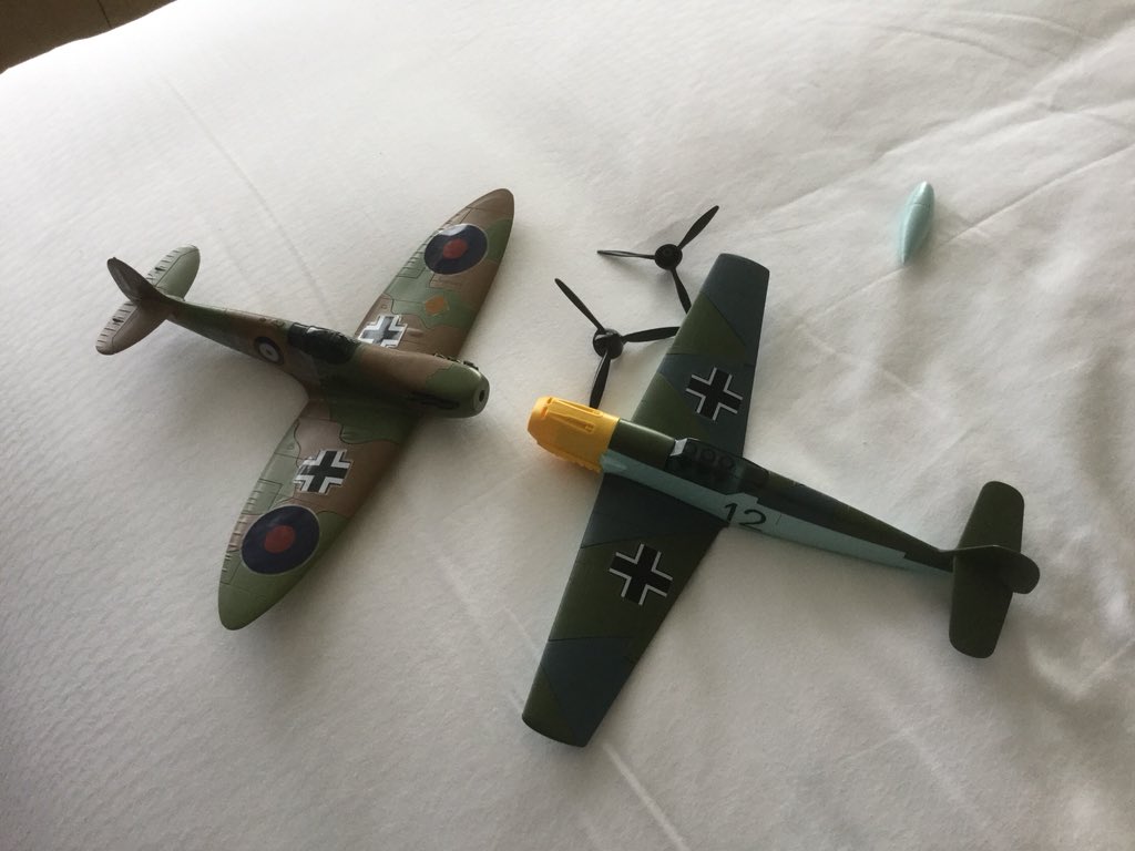 Love this 2 year old logic, when his messerschmitt bf 109 had a head on collision with a supermarine spitfire. Both propellers fell off as a result he said he now had a F-86 Sabre and a Mig-17 who continued to have head on collisions. Don’t ask about the shared markings ;)