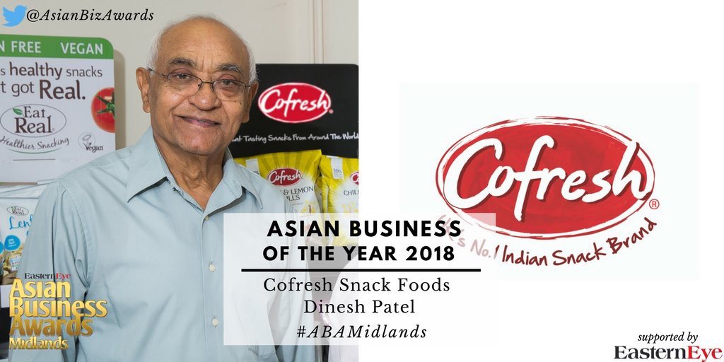 CofreshSnacks's tweet photo. We are thrilled and SO proud to have been named Asian Business of the Year 2018 at last night’s @AsianBizAwards where #Cofresh founders Dinesh Patel, Dhiru Patel and Arun Patel received the prestigious #award from @Baroness_Verma. #TrulyHonoured #WellDeserved #winner #ABAMidlands https://t.co/vRkU7rUgC6