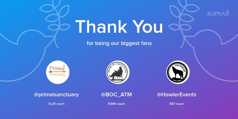 Our biggest fans this week: @primalsanctuary, @BOC_ATM, @HowlerEvents. Thank you! via sumall.com/thankyou?utm_s…