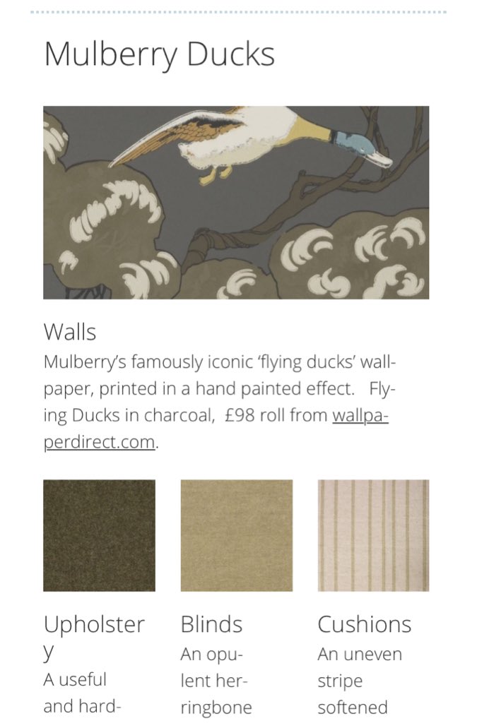 Mulberry has updated its classic Flying Ducks wallpaper; see my new scheme based on its delicious new palette of colours bit.ly/2jeoCoW