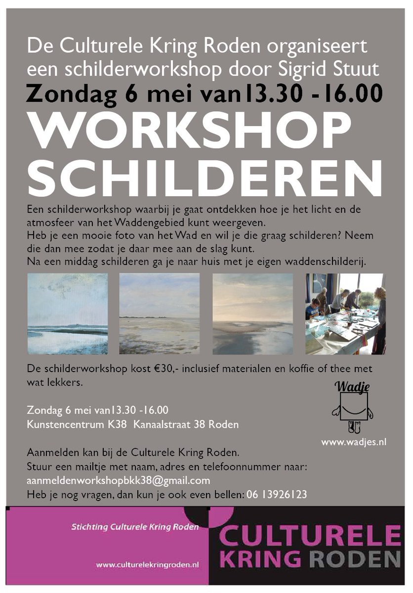 sigridstuut's tweet photo. Wil je ook graag het Wad schilderen, doe dan mee op 6 mei! Tijdens de expositie in Kunstencentrum K38 in Roden geef ik ook een schilderworkshop! Alle info op de flyer.
Aanmelden kan via mail bij K38:
aanmeldenworkshopbkk38@gmail.com
🤗#schilderworkshop #waddenzee #schilderen https://t.co/VQl0EOYBFZ
