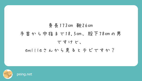 Emilie Twitter પર 私は身長が1cm 靴のサイズが28 5cm 手の大きさが23cm 股下が94cmなので それぞれ15cm 2 5cm 4 5cm 16cm勝っています おチビさんですね 身長の差より股下の差が大きいのは座高では負けているのかな Peing 質問箱 T Co