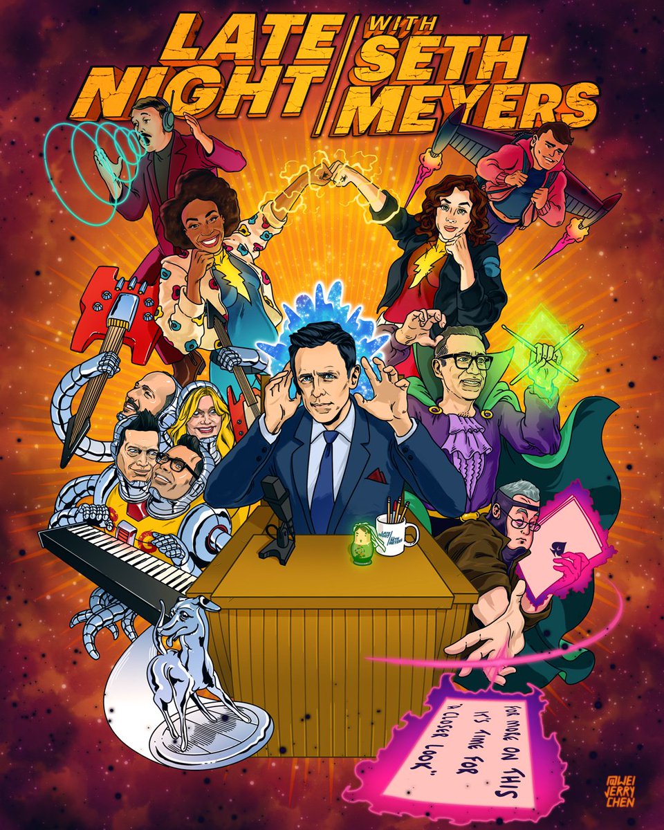 LateNightSeth's tweet photo. In honor of #NationalSuperheroDay, we reimagined #LNSM as a comic book – and we’re giving away a copy signed by Seth and your favorite #LNSM personalities! Retweet for a chance to win this poster, drawn by @WEIJERRYCHEN! #LNSMSuperheroSweepstakes https://t.co/nK0XLlk2np