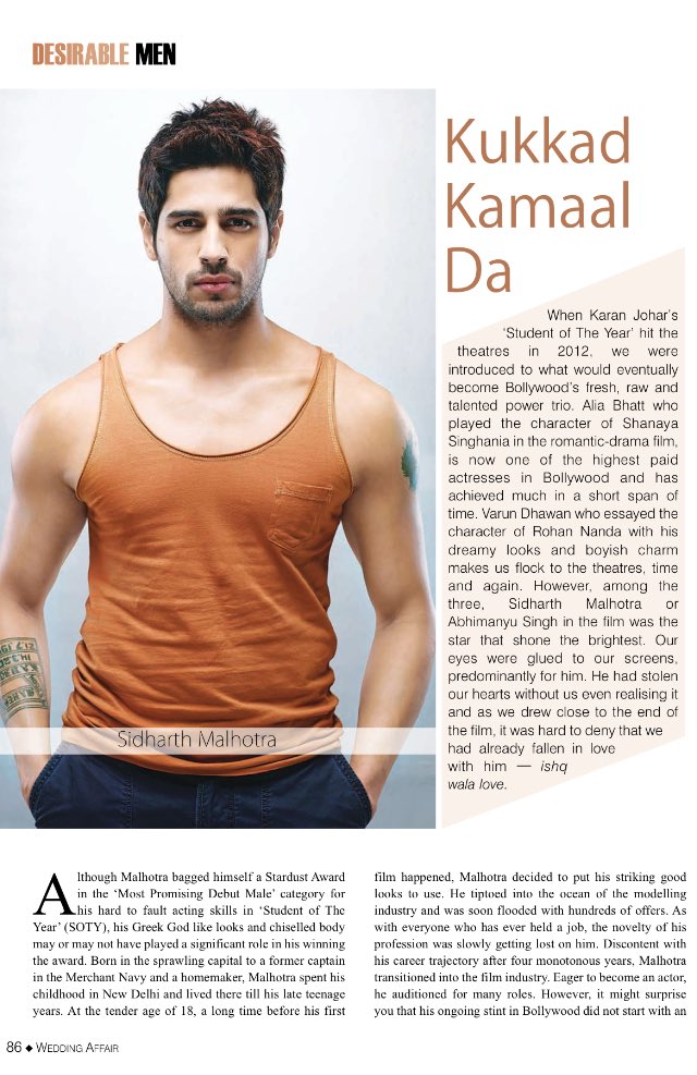 SidUpdates's tweet image. {Scans} The Dashing Underdog- Sidharth Malhotra.
Mr. Too Good to be True @S1dharthM is the Most Desirable Man for #WeddingAffair's April-May issue ♥️