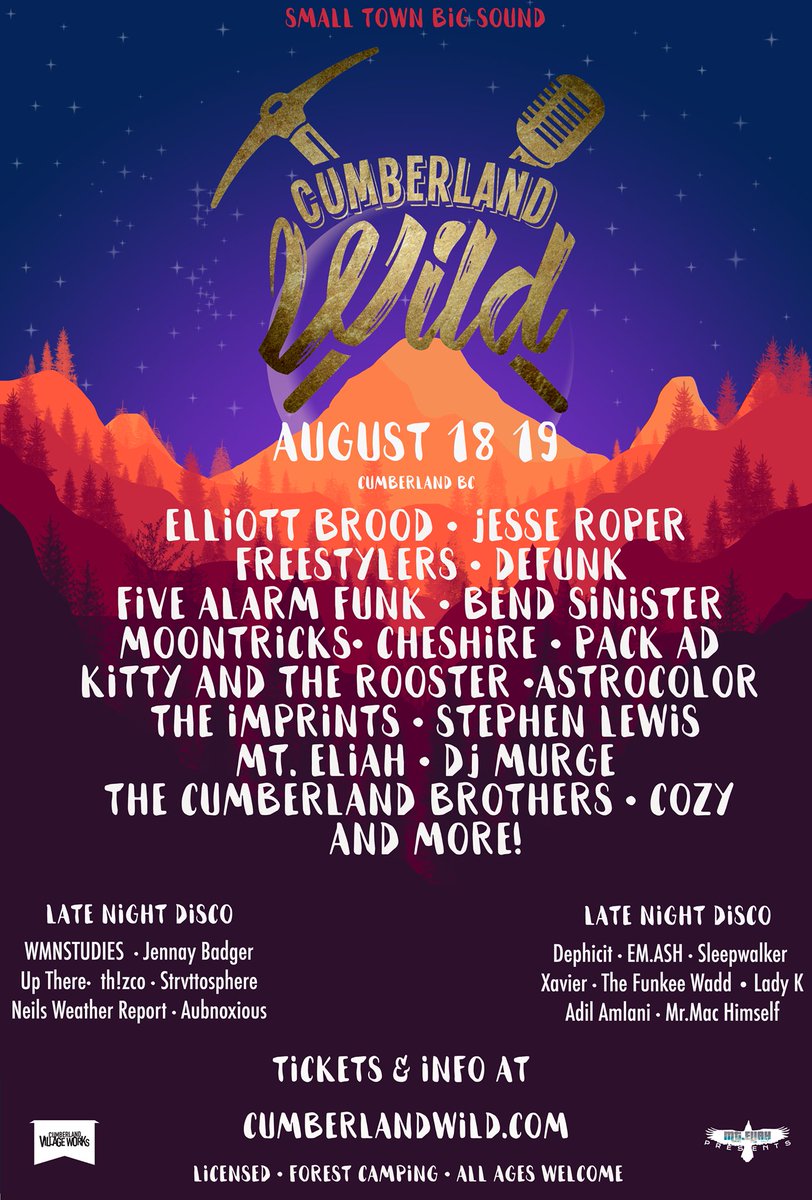 From the producers of #Atmo2015, #Atmo2016 and #Atmo2017 comes #CumberlandWIld. Comox Valley, Aug 18-19. Artists <a href="/jesseropershow/">Jesse Roper</a>, <a href="/thepackad/">The Pack A.D.</a>, <a href="/ElliottBROOD/">Elliott BROOD</a>, <a href="/FiveAlarmFunk/">Five Alarm Funk</a>, <a href="/astrocolormusic/">Astrocolor</a> &amp; more! Get your Tier 2 tickets now 👉 cumberlandwild.com
