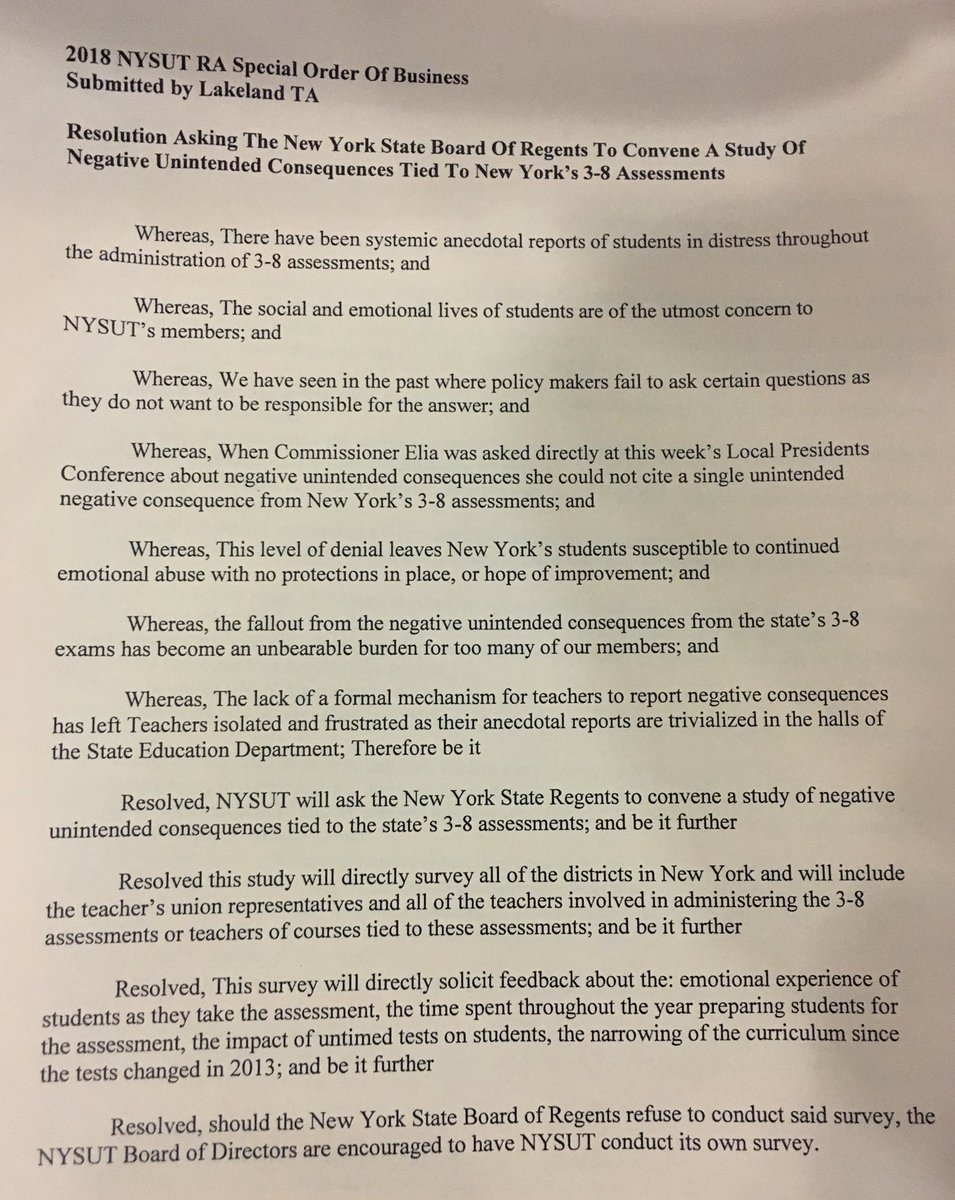 Special Order of Business will be presented this morning.  Resolution asking Board of Regents to Convene study of negative unintended consequence tied to 3-8 assessments! #stcaucus <a href="/NYStateBATs/">NYStateBATs</a> <a href="/NYSAPE/">NYS Allies 4 Pub Ed</a> @lioptout <a href="/NYCOptOut/">NYC Opt Out</a>