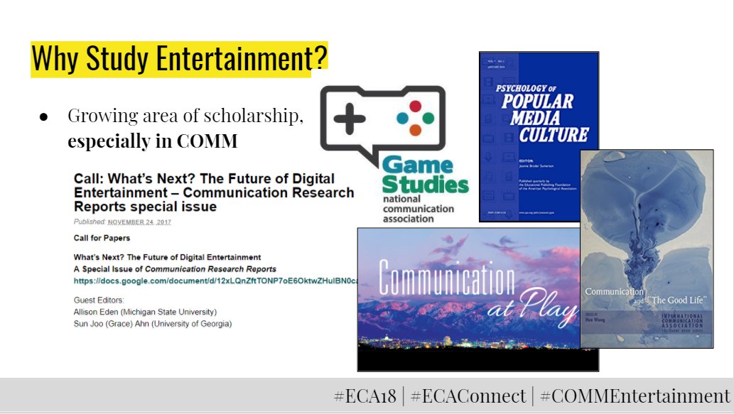 bowmanspartan's tweet photo. In abt 90 minutes, I'll be working with #ECAconnect2018 to talk about ways in which we can innovate scholarship around mass media. Sharing content from myself, + @MattGrizz. Come join us @DoubleTree_Pitt -- and enjoy a sneak peek of the slides: https://t.co/LbA42GbXux #eca18 https://t.co/FR4VAYtIPI