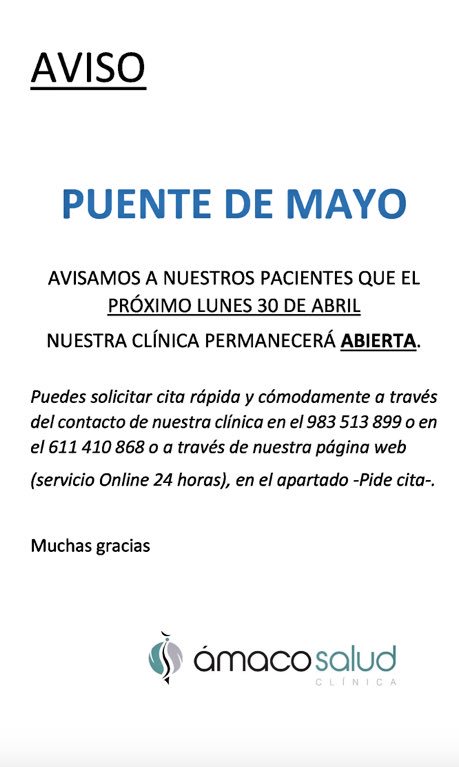 amaco_salud's tweet photo. ✅Abierto✅

PUENTE DE MAYO 2018 en Ámaco Salud.

▪️Link:
https://t.co/zp3REdFYSE
#amacosalud #abierto #PuenteMayo #FelizSabado https://t.co/J8FggiFBmE