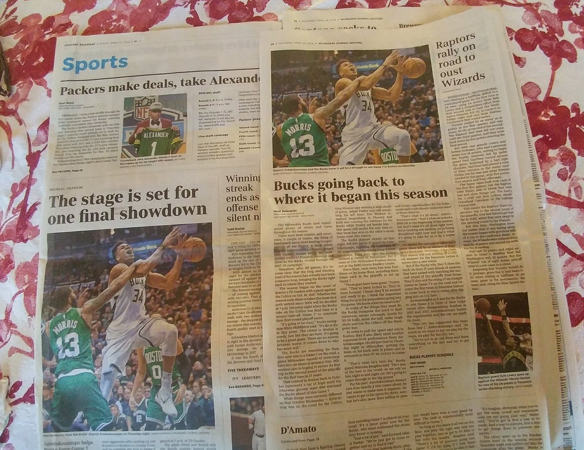 speakfrankly's tweet photo. Milwaukee Journal Sentinel.. I pay for a new paper for Friday and Saturday yet you use the exact same picture both days for Milwaukee Bucks Playoff stories. This comes off as not caring and seems a bit lazy. #journalsentinal #GoBucks #mattvelazquez https://t.co/J5YsuFaEf6