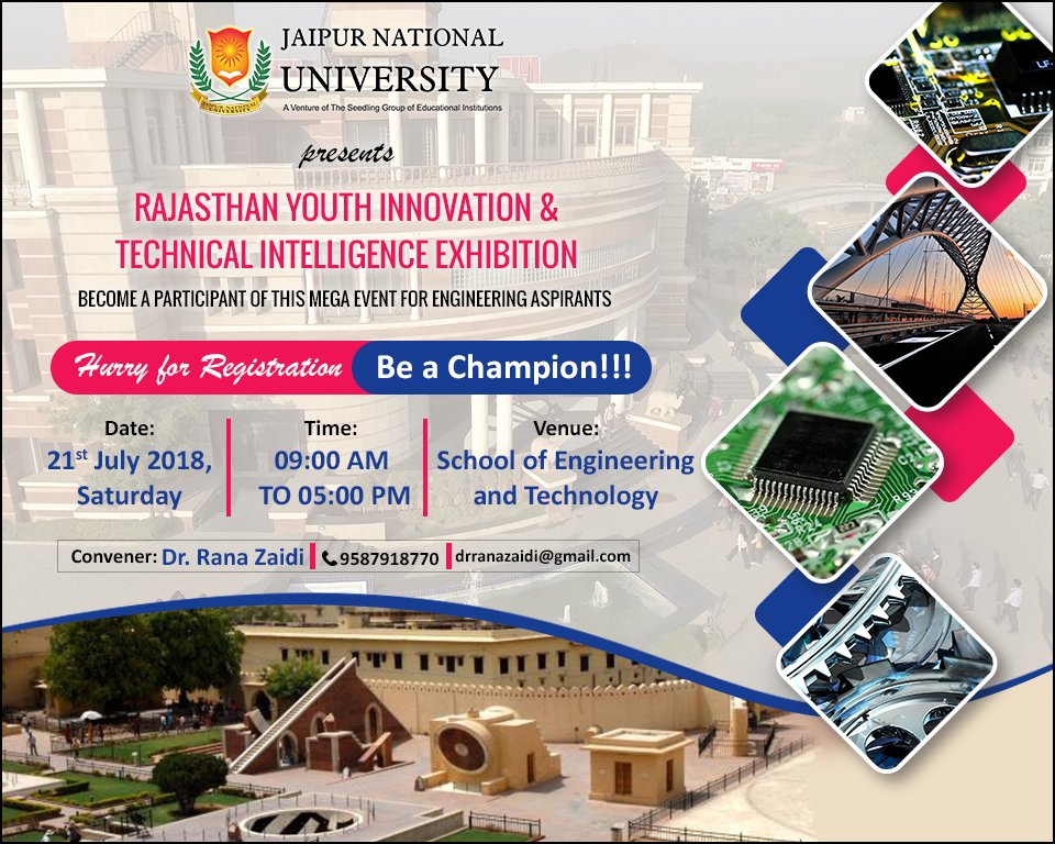 JAIPURJNU's tweet photo. #UnivesityWithDifference
JNUjaipur celebrates Technical Intelligence &amp; cordially invites participants from Universities, Colleges &amp; Students of School(grade 11th &amp; 12th)
Details https://t.co/kxLGBXGJlC
#Technical #Exhibition #Engineering #Students #11Standard #12Standard #School https://t.co/F21UvXNwPb