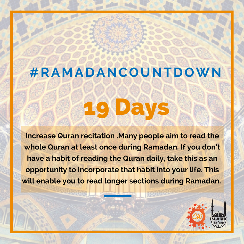 CharityWeekUK's tweet photo. 19 Days Left

Tip: Increase Quran recitation now so you can get into practice to read big chunks of it during Ramadan.

“Recite the Qur’an, for on the Day of Resurrection, it shall come as an intercessor for its companion." [Muslim]

#RamadanCountdown #CW2018 https://t.co/HaTx0RzBxD