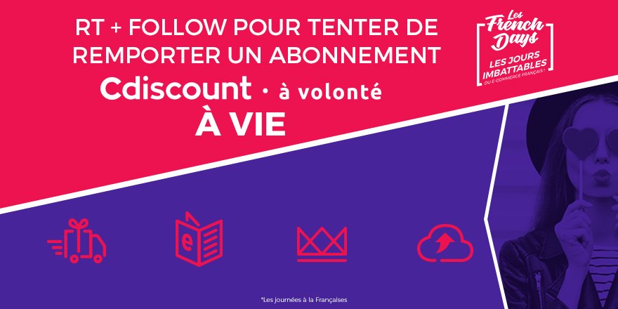 Cdiscount's tweet photo. 🎁 #Concours 

👌 3 abonnements à Cdiscount à Volonté sont à gagner pour les #FrenchDays 
Découvrez les avantages 👉 https://t.co/e3q9mPfytR

🔸 Pour tenter votre chance : RT + Follow @Cdiscount

☑️ TAS 04/05 https://t.co/gM0Od2G8eS