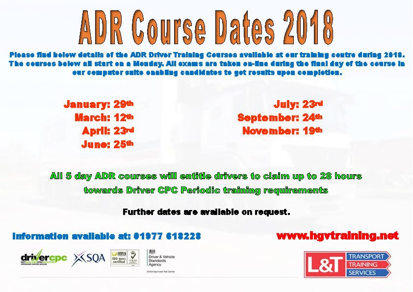 LandTTransport's tweet photo. Our #ADRcourse dates are open for booking! Give us a call on 01977 618228 for more information about whats on offer. #ADRTraining #Lorrydrivertraining #Becomealorrydriver https://t.co/iHhq33Qv5t