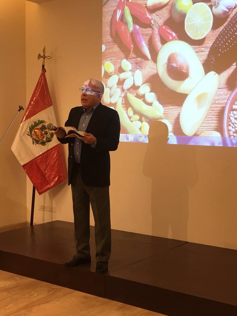 peruinindia's tweet photo. The Ambassador of the Republic of Peru, H.E. Mr. Jorge Castañeda walked us through the best of Peruvian cuisine last night, with four of his cookbooks releasing. Followed by a cooking demonstration and dinner, it was an evening of gastronomical brilliance! #PeruInIndia https://t.co/0OslKqreQX