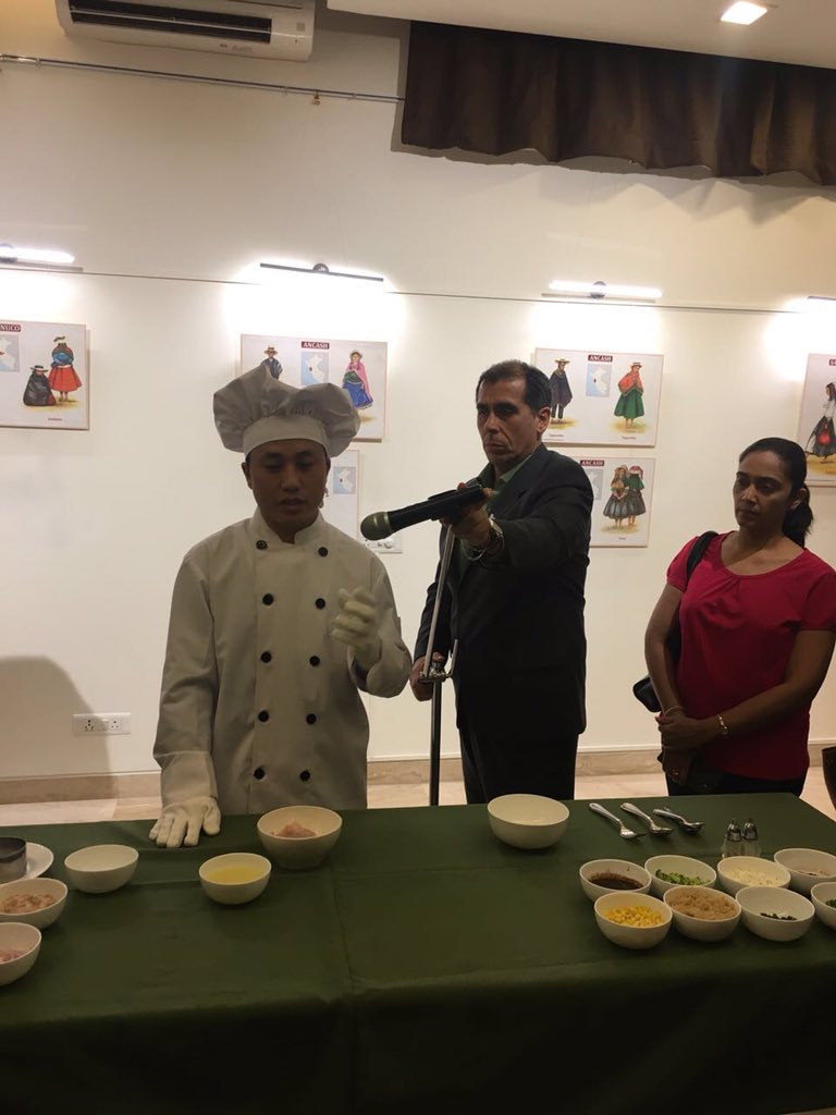 peruinindia's tweet photo. The Ambassador of the Republic of Peru, H.E. Mr. Jorge Castañeda walked us through the best of Peruvian cuisine last night, with four of his cookbooks releasing. Followed by a cooking demonstration and dinner, it was an evening of gastronomical brilliance! #PeruInIndia https://t.co/0OslKqreQX