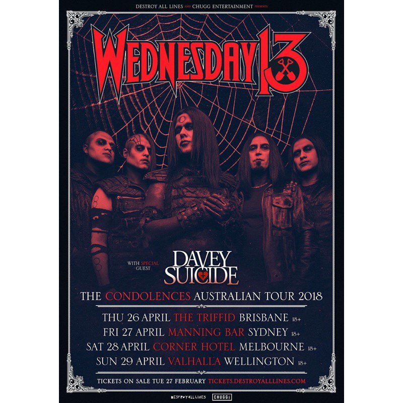 The #Condolences #WorldTour hits #Melbourne TONIGHT!!!
This one is going to be crazy, get to the #CornerHotel in Richmond...
More details and our interview with W13 here:
theundergroundaustralia.com.au/wednesday-13-i…
#Wednesday13 #LiveMusic #DaveySuicide  #theunderground #theundergroundaustralia