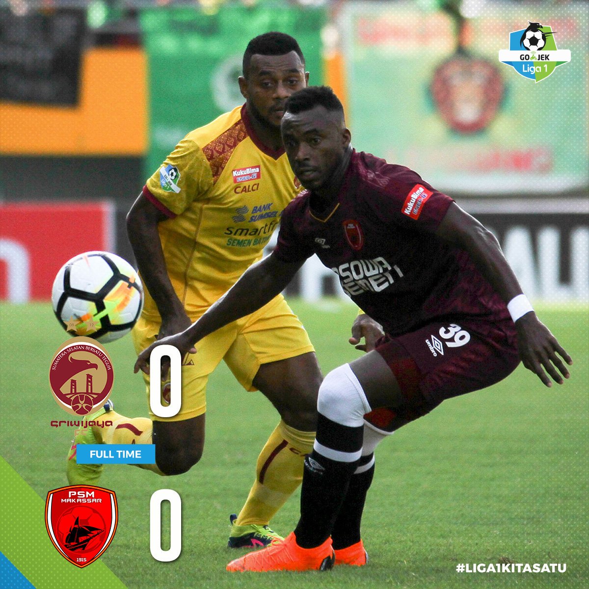 FULL TIME: @SFCID_ 0-0 @PSM_Makassar.

Hingga babak kedua berakhir tidak ada gol tercipta. Laskar Wong Kito dan Juku Eja berbagi 1 poin di Stadion Jakabaring Palembang sore ini.

#SRWJvPSM