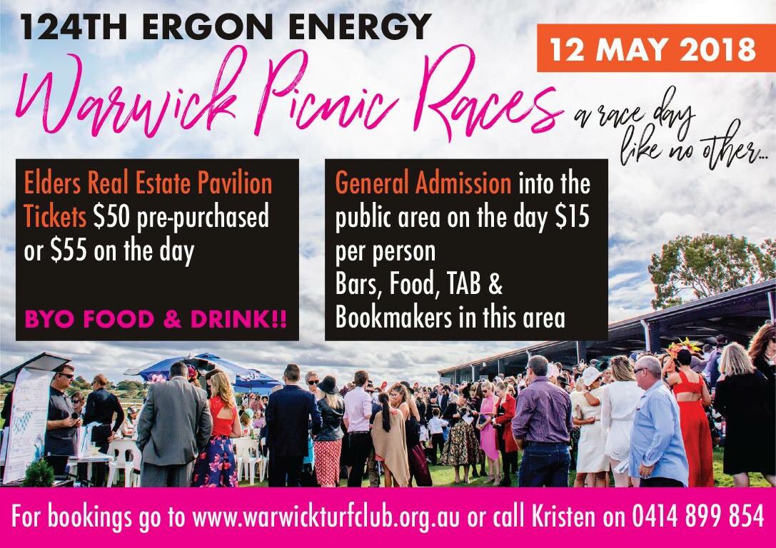 🏇🏼 get your tickets now! Not long now til the race day like no other! 

#warwickpicnicraces #getyourticketsnow #aracedaylikenoother #racingqueensland #countryfashion