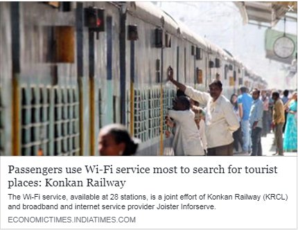 JoispotWifi's tweet photo. Joint efforts of @KonkanRailway &amp; Joister Infoserve pays off
Konkan railway surveyed and said something #exciting about #Joispot #free #WiFi
To know more read full #article here: https://t.co/bmYDzDpEeM
Download &amp; connect to free wifi- https://t.co/nincMKvaHz
#Maharashtra #Konkan https://t.co/KUYVvV6nOO
