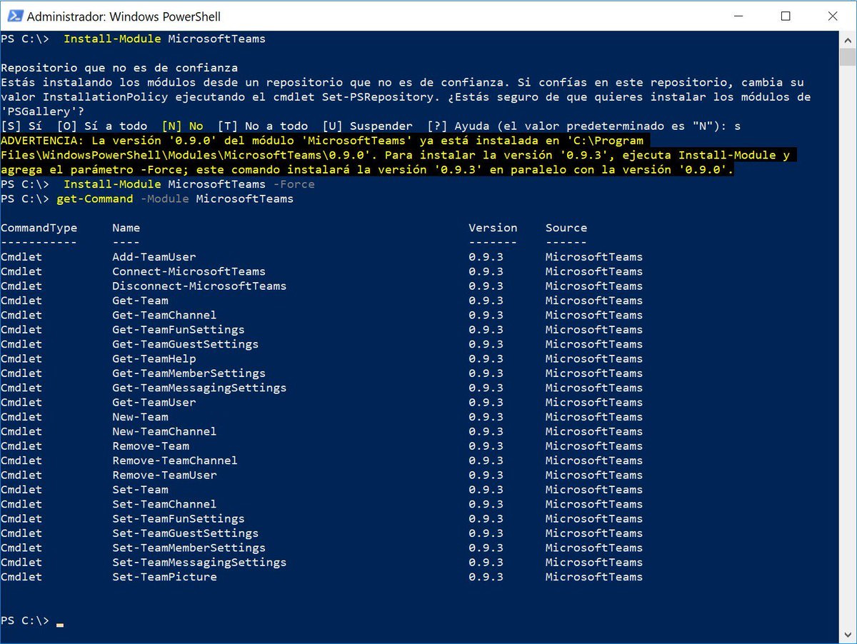 sbuitragoreis's tweet photo. Actualiza los módulos de #PowerShell de #MTeams a la 0.9.3 con un simple comando: Install-Module MicrosoftTeams -Force https://t.co/DzpFQ0Mhkt