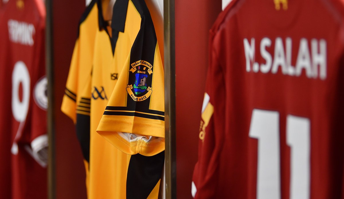 LFC's tweet image. The jersey of St Peter's GAA, Dunboyne hangs in the Anfield dressing room in support of Sean Cox.