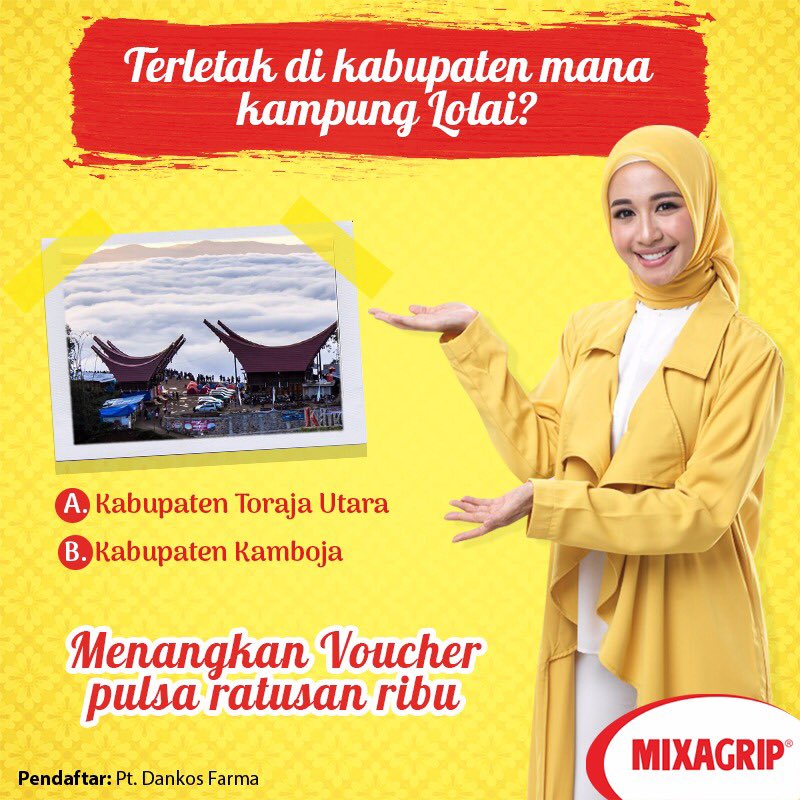 mixagripcocok's tweet photo. #SabtuCeria...
Hai Sahabat, ada yang mau hadiah? Pastinya dong. Ikutan kuis Mixagrip, yuk! Caranya gampang kok, kamu tinggal jawab pertanyaan berikut! Terletak di kabupaten mana negri di atas awan, kampung Lolai? https://t.co/zguWsOjiAi
