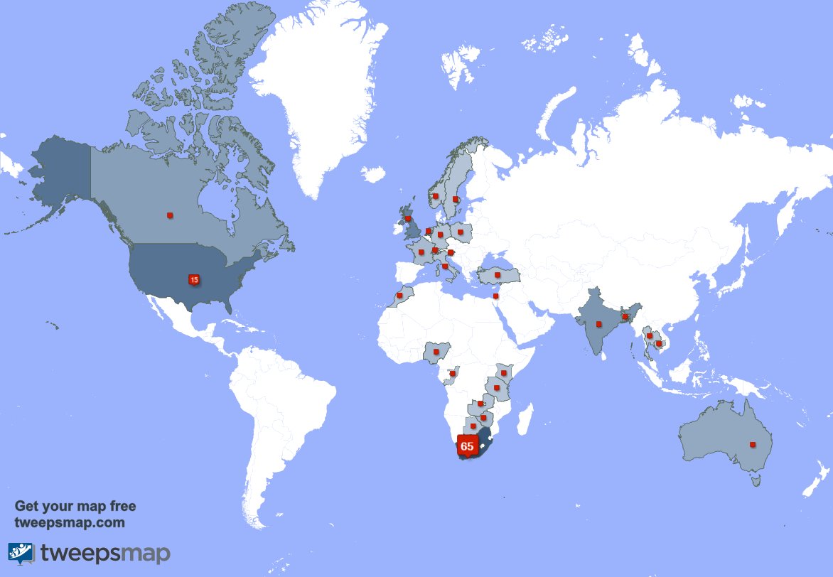 I have 6 new followers from South Africa, and more last week. See tweepsmap.com/!power4uza