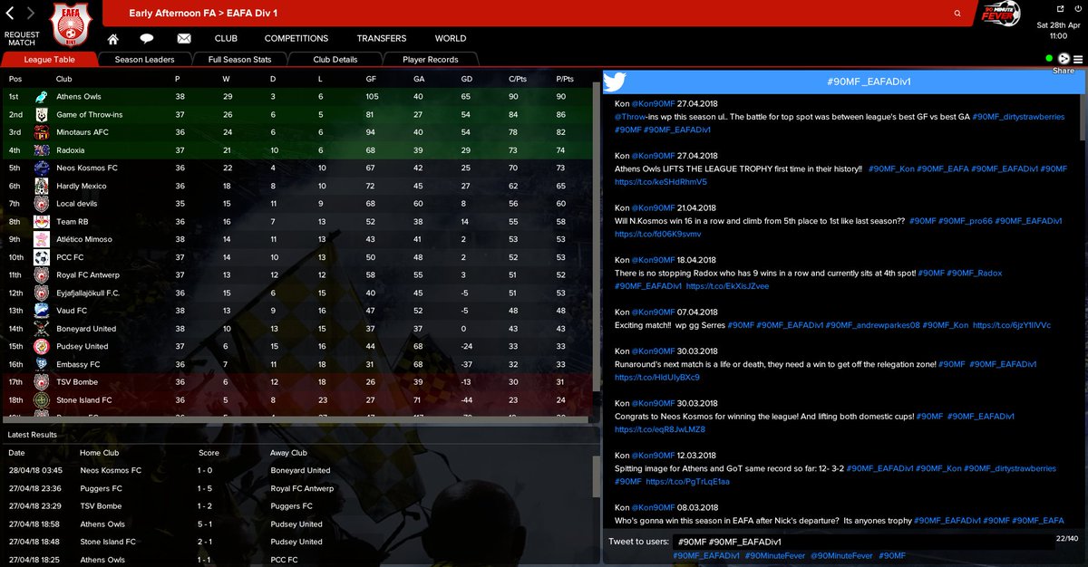 Kon90MF's tweet photo. The battle for top spot might be over, but the battle to avoid relegation is still ON!! #90MF_EAFADiv1 #90MF https://t.co/cOLuGpgaIv
