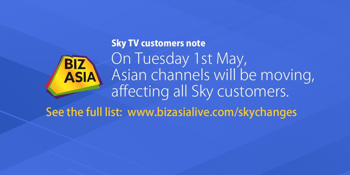 BizAsiaLive's tweet photo. This coming Tuesday, Asian television channels will be moving to new channel numbers on Sky TV, see the full list here https://t.co/VlCYoPwNDv #SkyChanges @SkyUK https://t.co/wnYagQLbAG