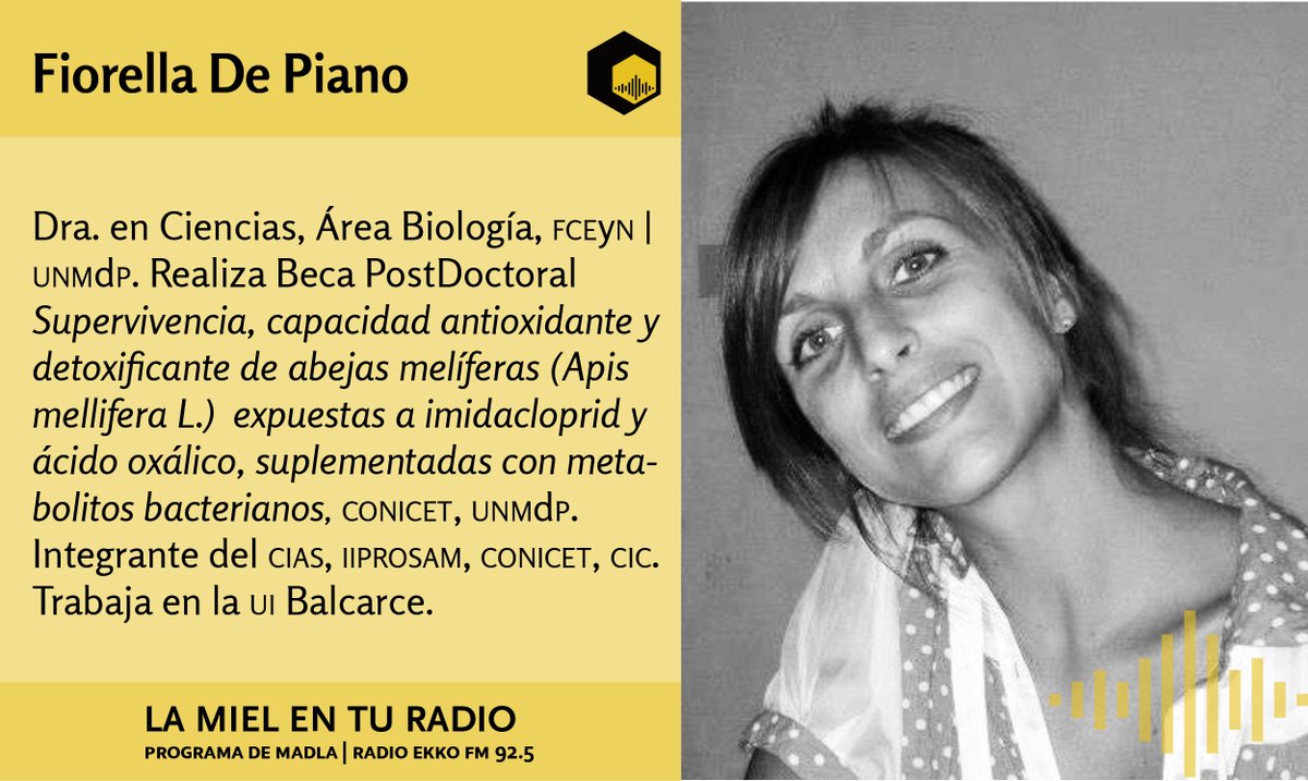 LaMielEnTuRadio's tweet photo. Ahora la entrevista a #FiorelladePiano, Dra, en Ciencias que realiza una beca post doctoral y es integrante de #CIAS #CONICET #UNMdP #IIPROSAM #CIC #INTABalcarce
@REDLACaf @intaargentina @CONICETDialoga @biomaggi https://t.co/gZDPVuxQdn