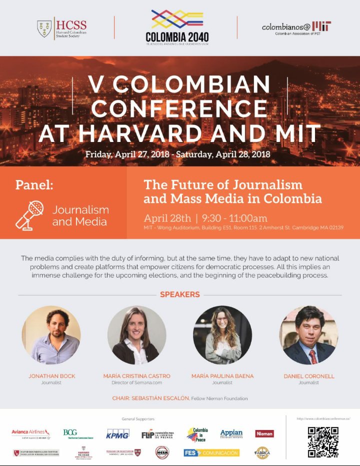 ColombianConfer's tweet photo. ¡Se acerca el inicio del segundo día de @ColombianConfer! Desde el Wong Auditorium de @MIT (2 Amherst Street) estarán @DCoronell @mapatilla @cristinacastrop y @goodluck_Bock para debatir sobre el futuro del periodismo en nuestro país. ¡No se lo pierdan! https://t.co/ZmibLiFNxU