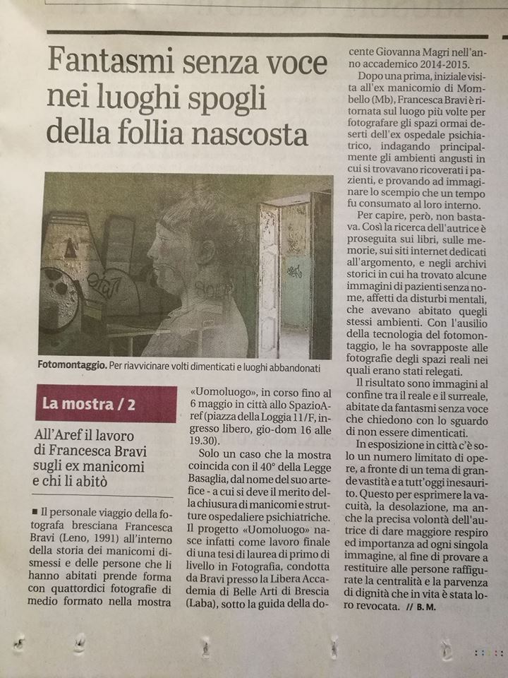 ArefBrescia's tweet photo. "All'Aref il lavoro di Francesca Bravi sugli ex manicomi e chi li abitò"

UOMOLUOGO
Fotografie di Francesca Bravi fino al 6 maggio a #SpazioAref https://t.co/rCEn5hwJhP