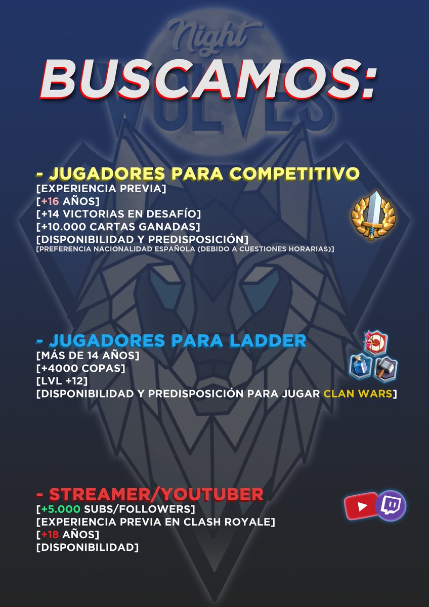 Buscamos nuevos talentos 🤤.
Abre MD si estás interesado en alguno de estos puestos 📝. Próximamente habrán recompensas para los mejores de cada puesto 💸🔜.

🔁 RT se agradece.

[<a href="/ClashRoyale/">Clash Royale</a>]