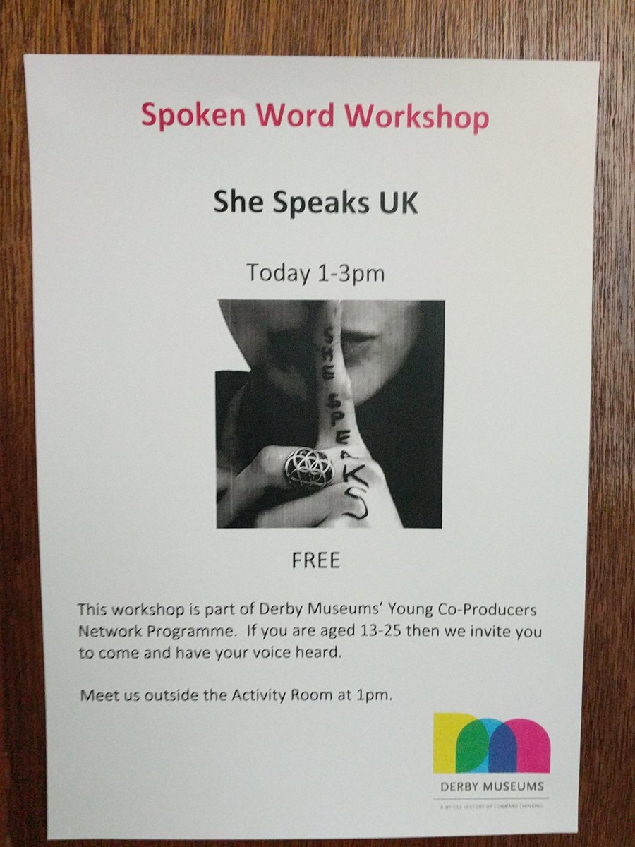 SheSpeaksUK's tweet photo. Getting ready for a writing/performance workshop! Come find us in the activity room @derbymuseums #selfexpression #creativewriting #poetry #artisourliberation https://t.co/zjlmsTdsLE