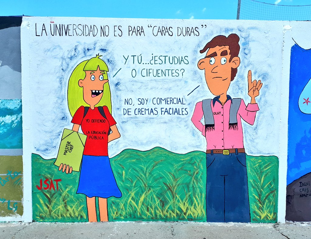 JSAnoverdeTajo's tweet photo. "La Universidad no es para caras duras" es el diseño con el que este año hemos participado en el certamen de Arte Mural de la Semana Cultural 2018. #YoDefiendoLaPública https://t.co/bXLmmc2yy9
