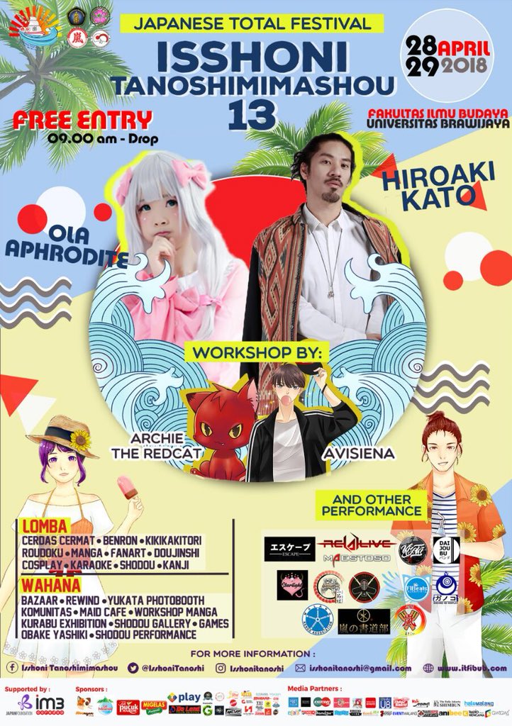 1013mfmlive's tweet photo. Himaprodi Sastra Jepang Universitas Brawijaya dengan bangga mempersembahkan ISSHONI TANOSHIMIMASHOU 13!
๐Sabtu dan Minggu, 28 dan 29 April 2018
๐Fakultas Ilmu Budaya Universitas Brawijaya
โฐ09.00-Drop
๐ตFree
#ITFIBUB #IT13
#UniversitasBrawijaya
#EventMalang
#JapaneseFestival https://t.co/yjKAY7bTrf
