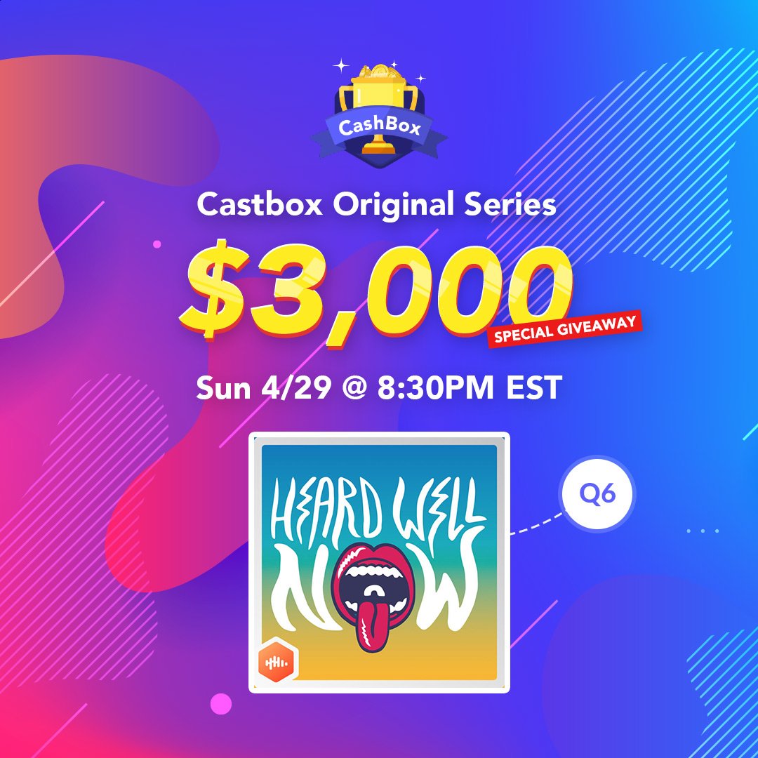 CashBoxTrivia's tweet photo. Woohoo, Last one, Q6: "who was featured in the first episode of podcast 'Heard Well'?"
Hint: Do some research!😛
https://t.co/1QzuusUMJN
#heardwell #Podernfamily #podcast #podcasting #applepodcast #podcastfriday #Castbox #Cashboxtrivia https://t.co/tdt2kdrjD2