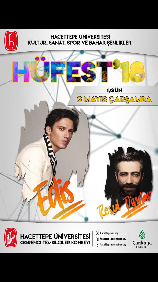 hacettepekonsey's tweet photo. HÜFEST'18 in ilk günü olan 2 Mayıs'ta Edis ve Resul Dindar bizlerle birlikte olacak. #HUFEST18 https://t.co/RO1bbJwmVS