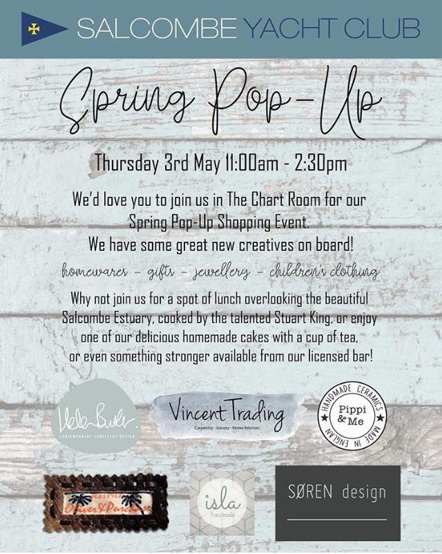 Pop up ahoy!  SØREN Design,  @Helen_Butler, Pippi &amp; Me pots and friends will be causing excitement in The Chart Room at Salcombe Yacht Club next week with their gorgeous collections of #homewares, #gifts, #jewellery and #childrensclothing. #popupcollective #salcombe
