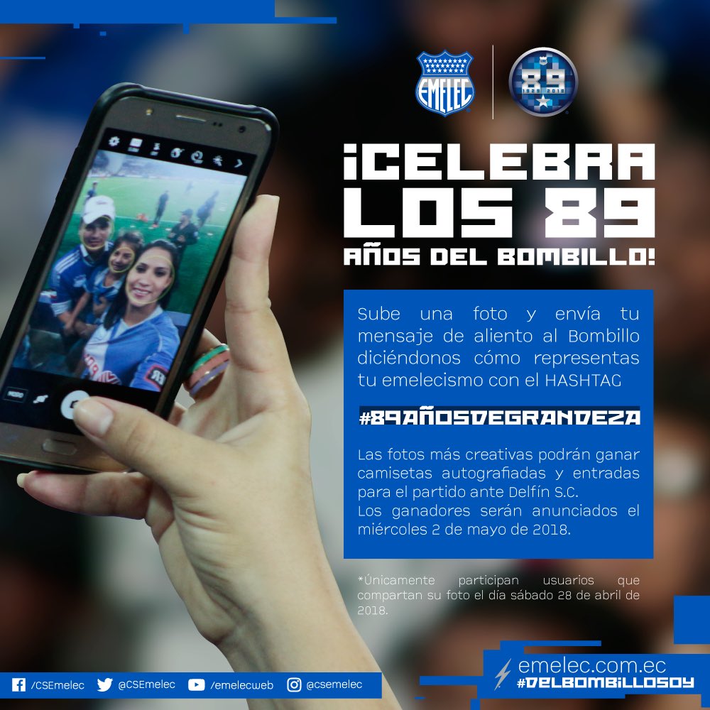 CSEmelec's tweet photo. ¡CELEBRA LOS 89 AÑOS DEL BOMBILLO! Envía tu mensaje de aliento al Bombillo y sube una foto diciéndonos cómo representas tu emelecismo con el HT #89AñosDeGrandeza. Las fotos más creativas podrán ganar camisetas autografiadas y entradas para el partido ante Delfín. #DelBombilloSoy https://t.co/PFRMv54oep