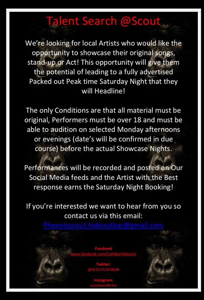ScoutCafeBar's tweet photo. 🦍 Do you have what it takes to be the next big thing? 

🦍 We’re on the lookout for local artists to perform here at Scout who can win our prime time Saturday night slot! 

🦍 Know someone or a group who would love this challenge? Tweet them in our comments ⬇️ https://t.co/IqpaeruPAM
