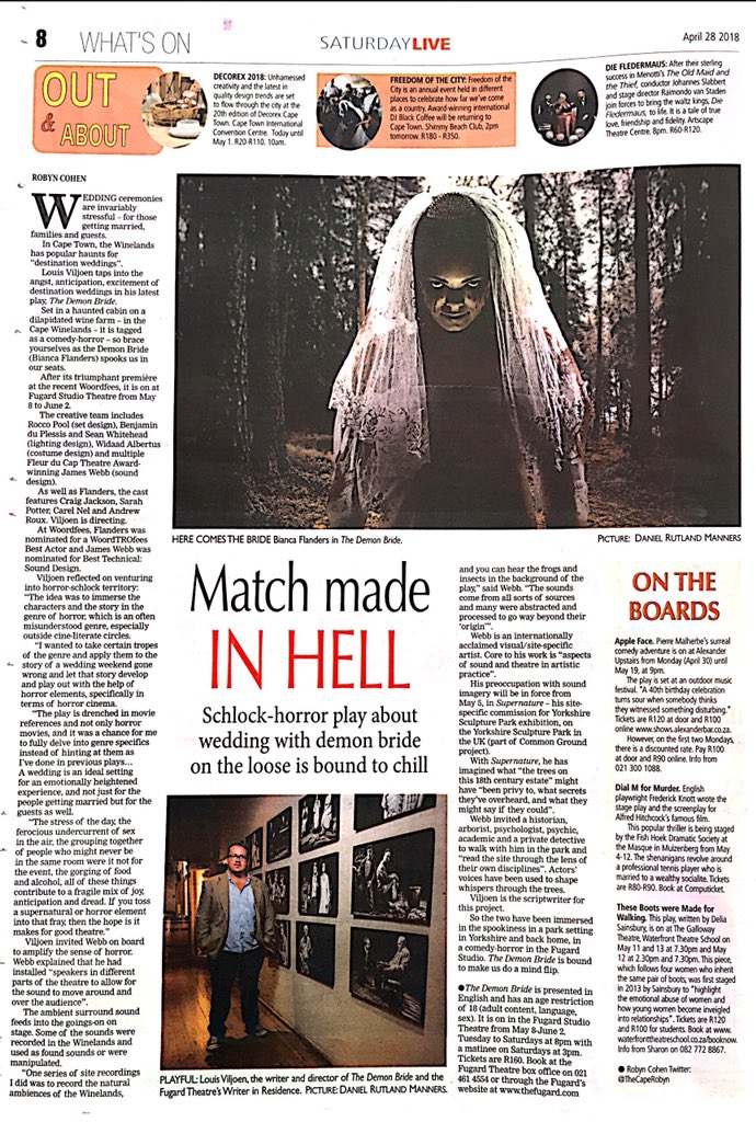 TheCapeRobyn's tweet photo. #DemonBride @TheFugard - Can’t wait to see Louis Viljoen’s new play -premiered recently at Woordfees.  Excited to “experience” the sound scape created by artist James Webb- speakers placed in theatre to amplify the comedy horror. See @WeekendArgus #SatLive for article https://t.co/v96KNz4PHC