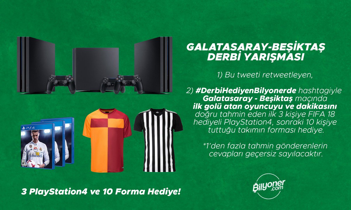 Bilyoner's tweet photo. #DerbiHediyenBilyonerde hashtagini kullanarak Galatasaray-Beşiktaş derbisinde ilk golü atan oyuncuyu ve dakikasını bil, hediyeyi kap! Pazar 19:00'a kadar cevaplarınızı bekliyoruz... https://t.co/X5HNrXXHno