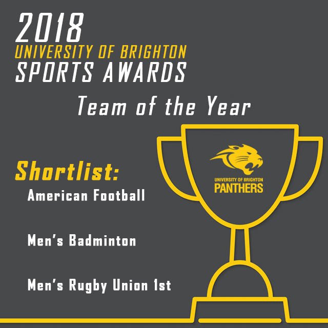 Your shortlist for the 2018 University of Brighton Sports Awards ‘team of the year’. 🏈🏸🏉
More information here: ow.ly/nyMj30jI3wU
<a href="/UoBPanthersAFC/">Brighton Panthers</a> 
<a href="/UBRFC_1/">University of Brighton Rugby Club</a>
