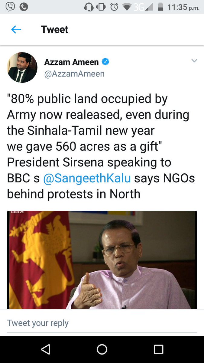 vathees's tweet image. BBC Azzam quote (Original Source) that President said "NGOs behind protest in North" but @JDSLanka web says President said "protesting families of the disappeared are " running a business" #TellingTruth #fakenews