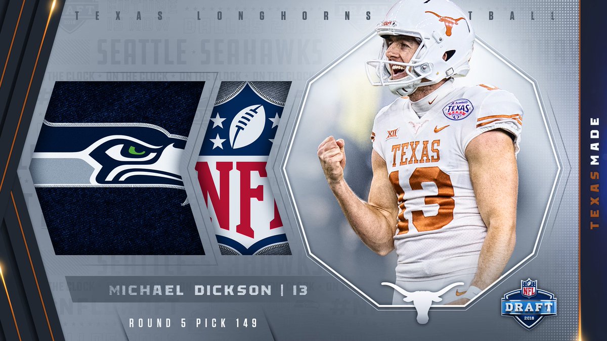 TexasFootball's tweet photo. Michael Dickson is now a Seattle Seahawk!  Selected 149 in the 5th round.  Congratulations Michael!  #NFLDraft #TexasMade #ThisIsTexas #HookEm @Seahawks #mdcksn https://t.co/BUVteTIimK